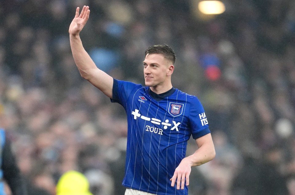 Liam Delap of Ipswich Town acknowledges fans.