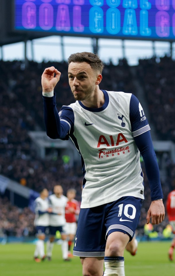 James Maddison of Tottenham Hotspur celebrating a goal.