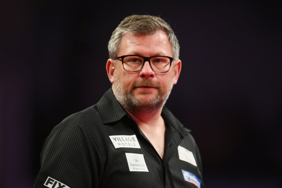 James Wade of England at the 2024 Betfred World Matchplay semi-finals.