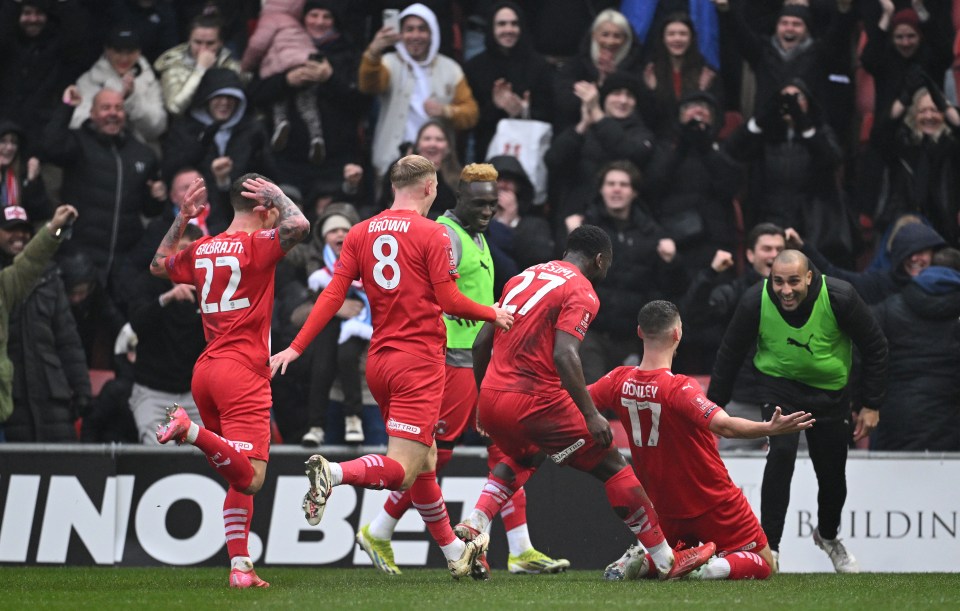 Leyton Orient players celebrating a goal.