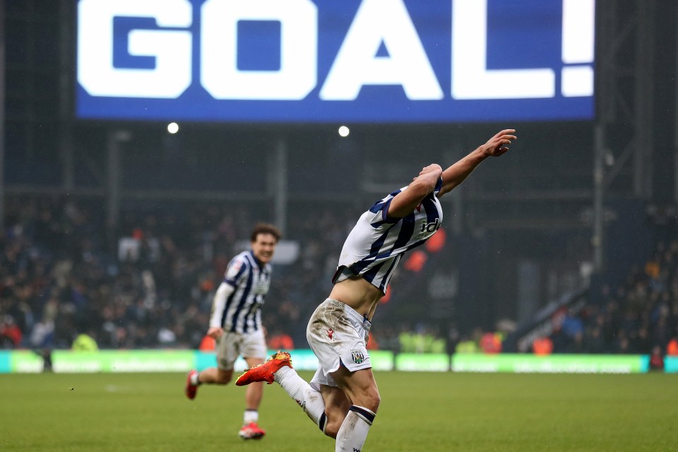 Jayson Molumby of West Bromwich Albion celebrating a goal.