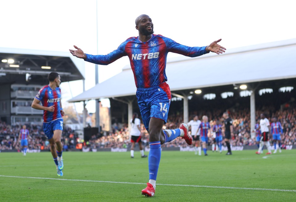 Jean-Philippe Mateta of Crystal Palace celebrating a goal.