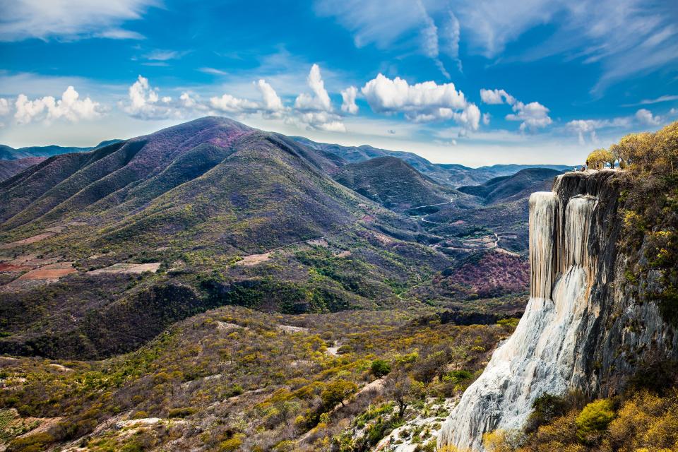 Hierve el Agua petrified waterfalls and mountain landscape in Oaxaca, Mexico.