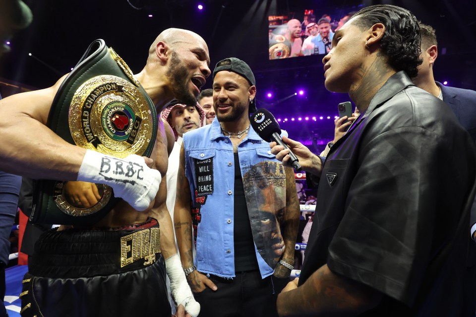 Chris Eubank Jr. and Conor Benn facing each other in a boxing ring with Neymar conducting an interview.