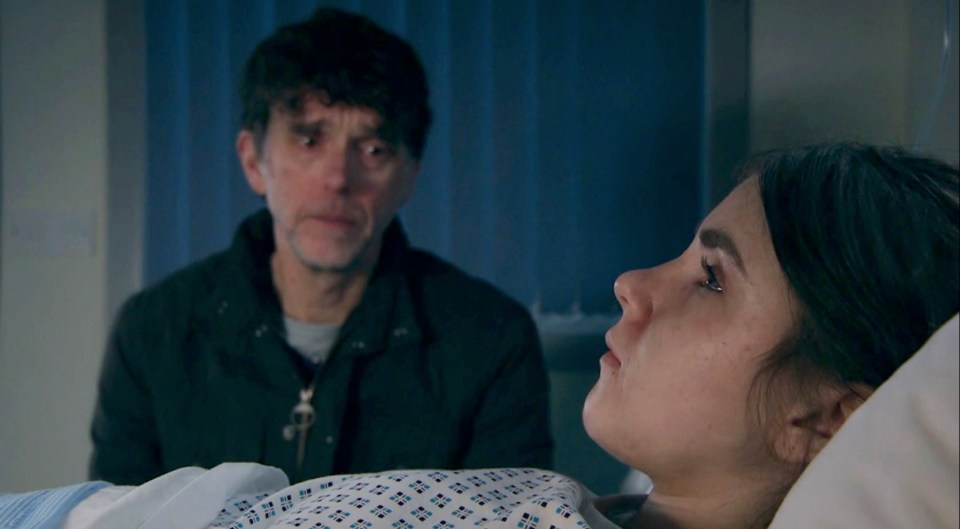 Marlon and April in a hospital room; Marlon looks concerned as April lies in bed.