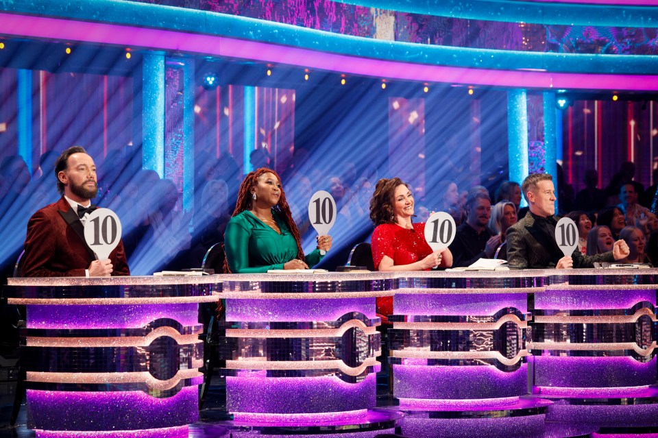 Strictly Come Dancing judges holding up score paddles.