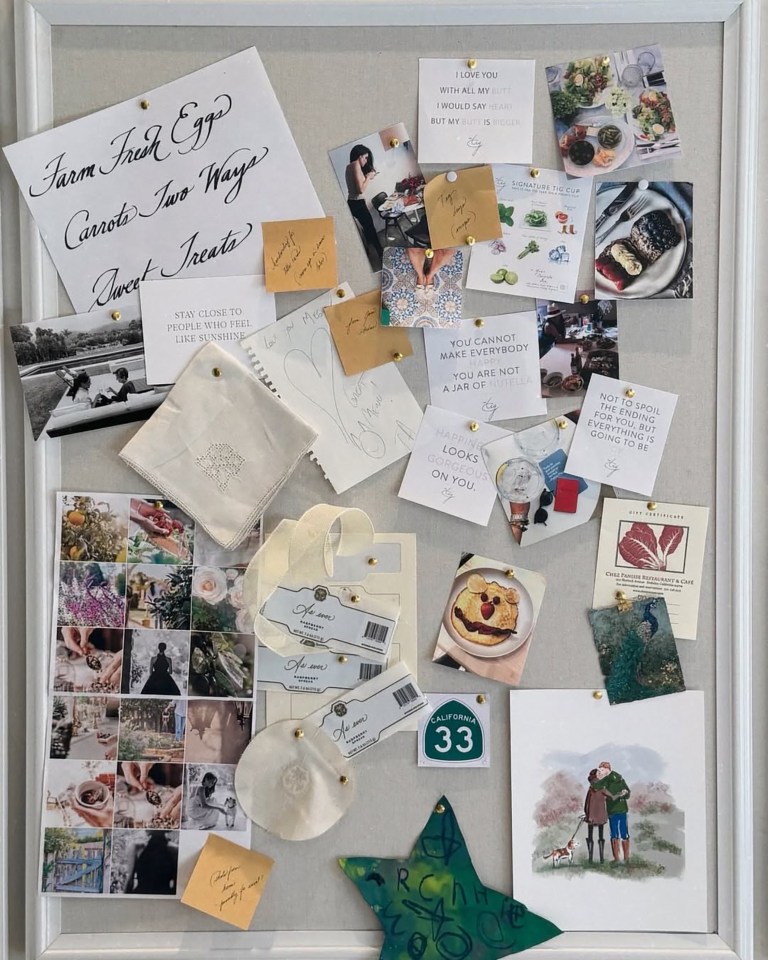 Collage of photos and notes on a corkboard.