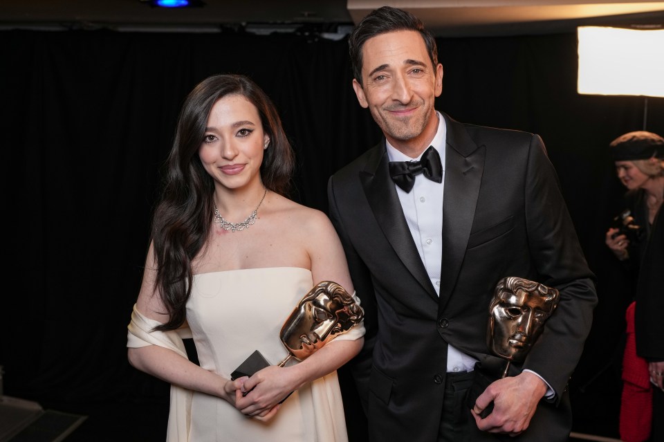 Mikey Madison and Adrien Brody, winners of Leading Actress and Leading Actor BAFTA awards, backstage.