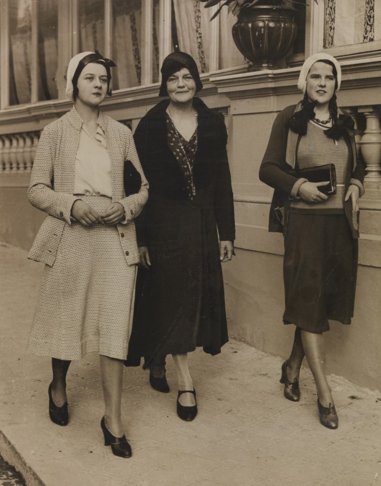 Black and white photo of Kate Meyrick and two of her daughters walking in Monte Carlo.