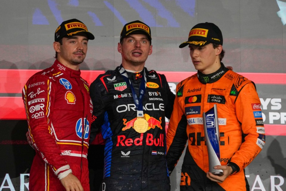 Max Verstappen, Charles Leclerc, and Lando Norris participate in the Formula 1 Qatar Airways Qatar Grand Prix 2024 in Doha, Qatar, on December 1, 2024. (Photo by Alessio Morgese/NurPhoto via Getty Images)