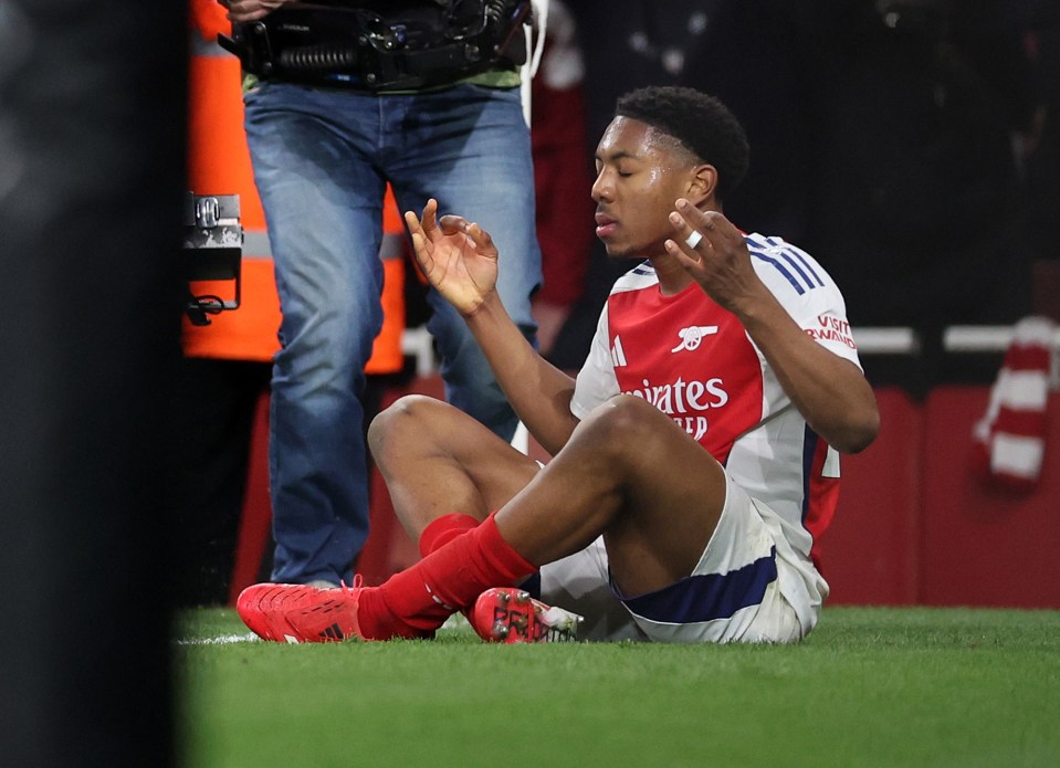 Myles Lewis-Skelly of Arsenal celebrates scoring a goal.