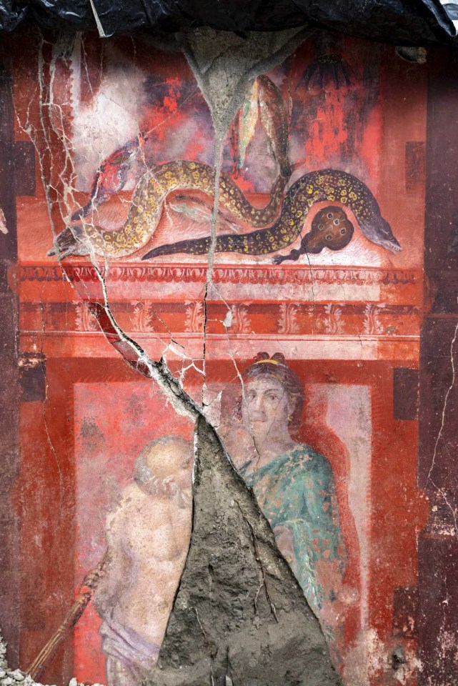 Fresco of banquet scene from newly excavated Pompeii villa.