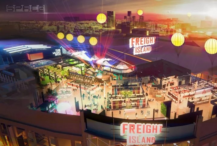 Illustration of Freight Island, a Newcastle rooftop entertainment destination with food and music.
