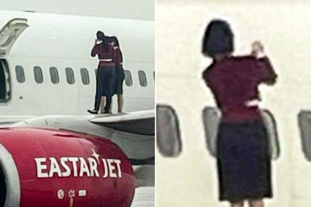 An image collage containing 2 images, Image 1 shows Flight attendants on the wing of an Eastar Jet plane, Image 2 shows Flight attendant on airplane wing