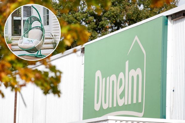 An image collage containing 2 images, Image 1 shows Dunelm store logo on a building, Image 2 shows Teal egg chair on patio