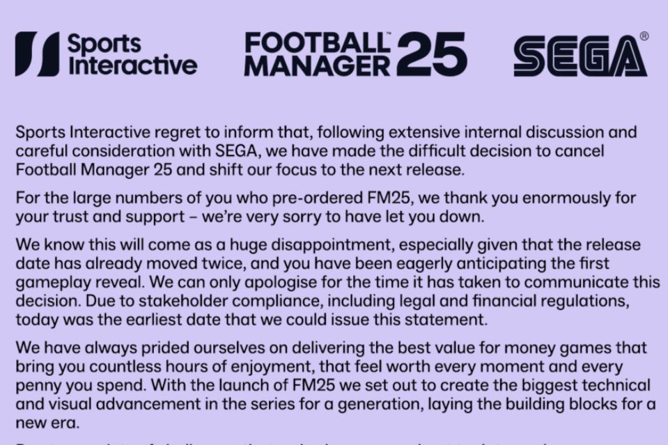Announcement of Football Manager 25 cancellation.