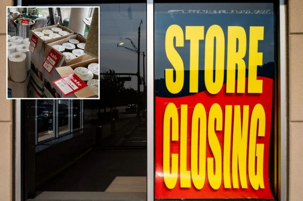An image collage containing 2 images, Image 1 shows Store closing sign in a storefront window, Image 2 shows Sale of wallpaper rolls in boxes