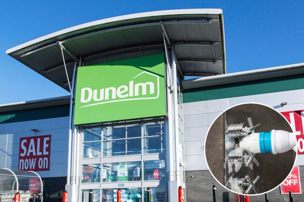 An image collage containing 2 images, Image 1 shows Dunelm store exterior with sale signs, Image 2 shows Cleaning a shower faucet with a power scrubber