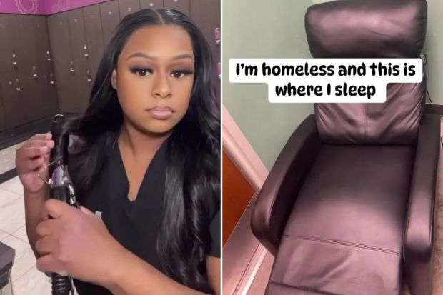 An image collage containing 2 images, Image 1 shows Woman styling her hair in a locker room, text overlay: "Why I choose to be homeless", Image 2 shows A black recliner chair; the caption reads, "I'm homeless and this is where I sleep."