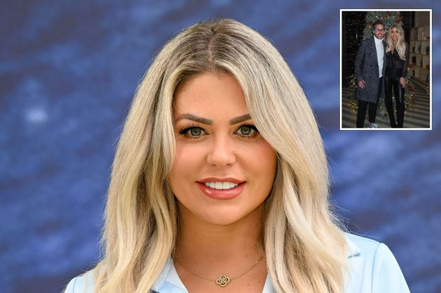 An image collage containing 2 images, Image 1 shows Bianca Gascoigne at a Meg 2: The Trench fan screening, Image 2 shows Bianca Gascoigne and Arron Wright posing together in front of a Christmas tree