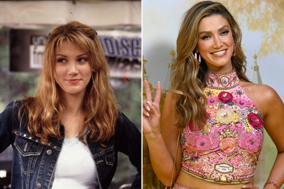 An image collage containing 2 images, Image 1 shows Delta Goodrem in a denim jacket on the set of Neighbours, Image 2 shows Delta Goodrem at the Australian premiere of Wicked