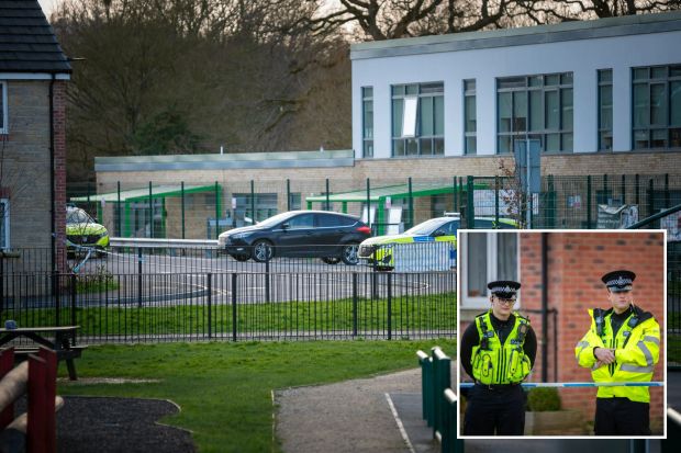 An image collage containing 2 images, Image 1 shows Police cars outside a school following a bomb threat, Image 2 shows Two police officers standing behind police tape