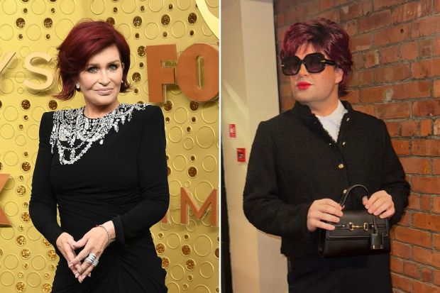 An image collage containing 2 images, Image 1 shows Sharon Osbourne at the Emmy Awards, Image 2 shows Joe McElderry in Sharon Osbourne costume