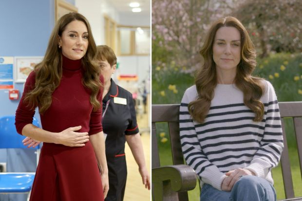 An image collage containing 2 images, Image 1 shows The Princess of Wales at the Royal Marsden Hospital, Image 2 shows Catherine, Princess of Wales, announcing her cancer diagnosis