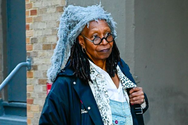 An image collage containing 1 images, Image 1 shows Whoopi Goldberg wearing a gray hat, glasses, and a dark jacket
