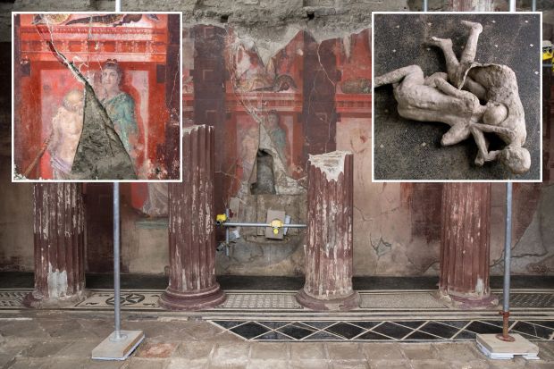 An image collage containing 3 images, Image 1 shows Detail of a Dionysian-themed fresco in Pompeii, Italy, Image 2 shows Fresco of banquet scene from newly excavated Pompeii villa, Image 3 shows Body casts of Pompeii victims