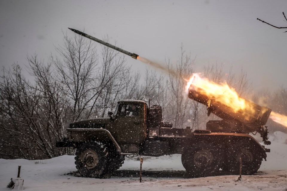 Ukrainian servicemen firing an MRLS BM-21 Grad near Chasiv Yar.