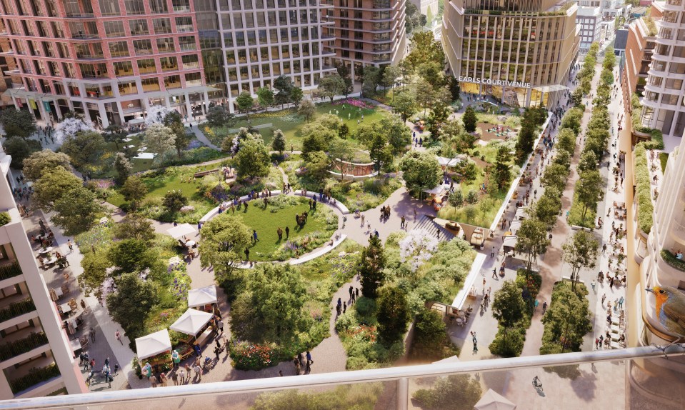 Illustration of Earls Court development with green spaces and people.