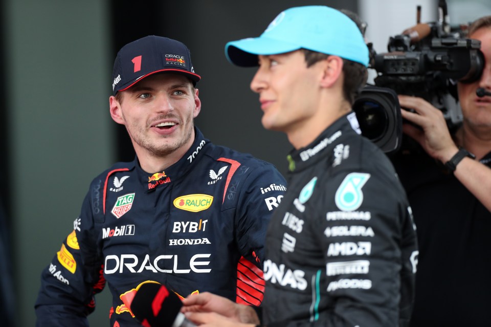 Max Verstappen and George Russell in post-race interview.