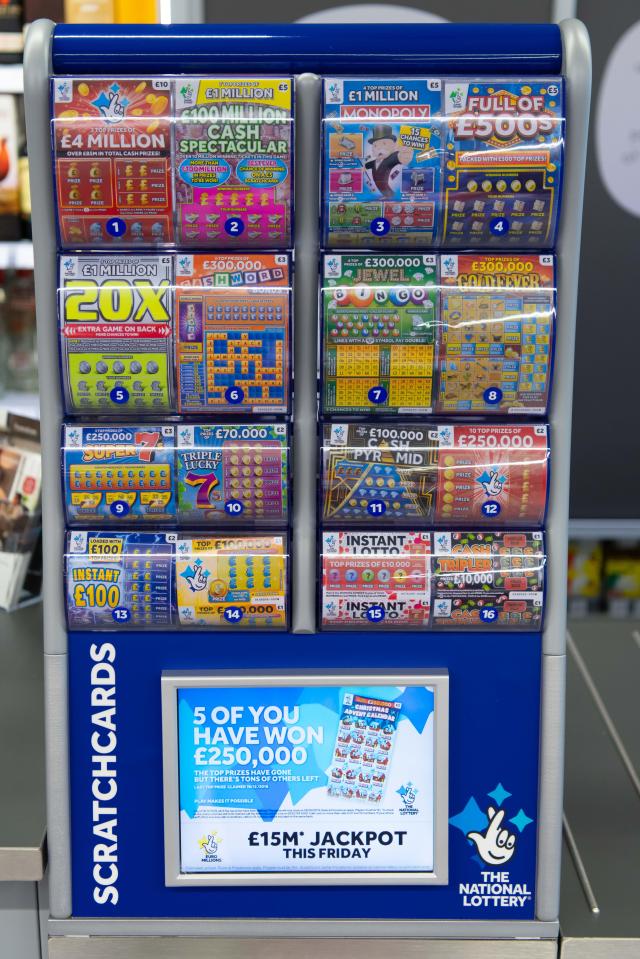 Display of National Lottery scratchcards in a UK newsagent.