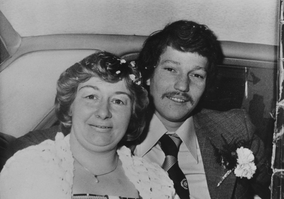 Black and white photo of Allen and Carol Morgan on their wedding day.