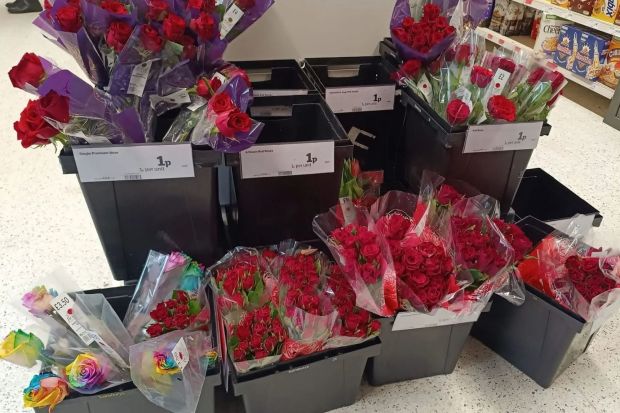 An image collage containing 1 images, Image 1 shows Red and rainbow roses for sale in a store