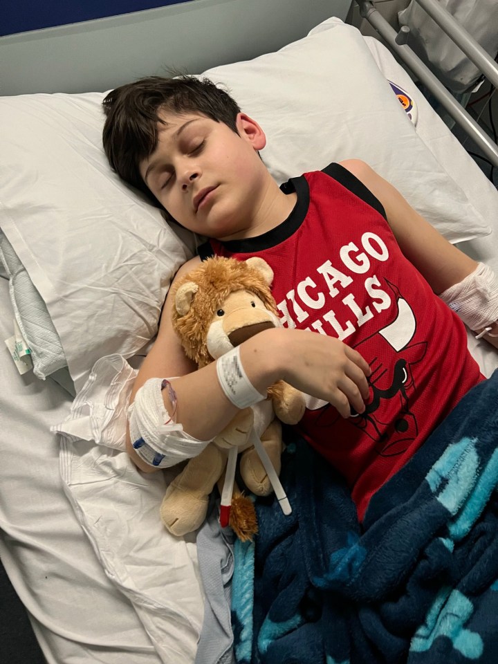 A boy sleeping in a hospital bed with an IV, holding a stuffed lion.