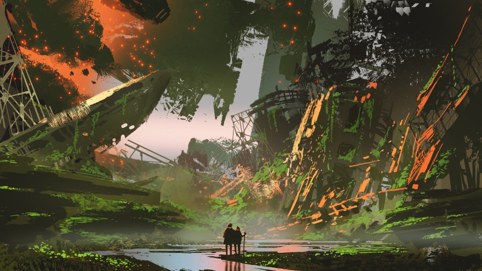 Illustration of two hikers in a overgrown, ruined city.
