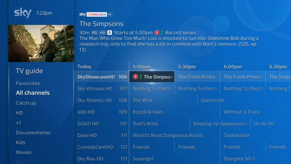 Sky TV guide showing today's programming.