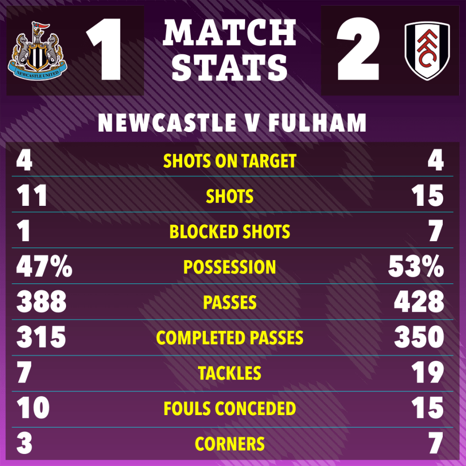 Newcastle vs Fulham match stats graphic.