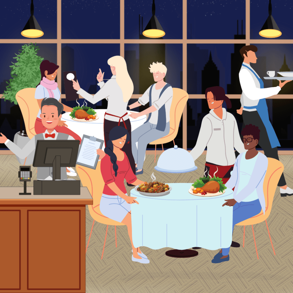 Illustration of people dining in a restaurant.