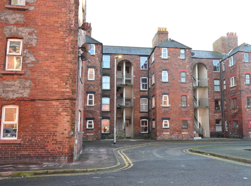 Brick apartment buildings in Barrow, Cumbria.