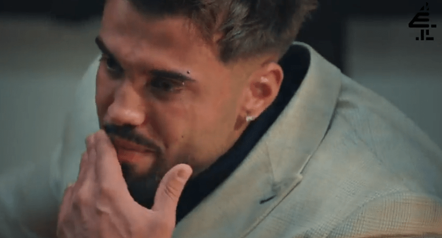 A man appearing emotional at the Married at First Sight UK reunion.