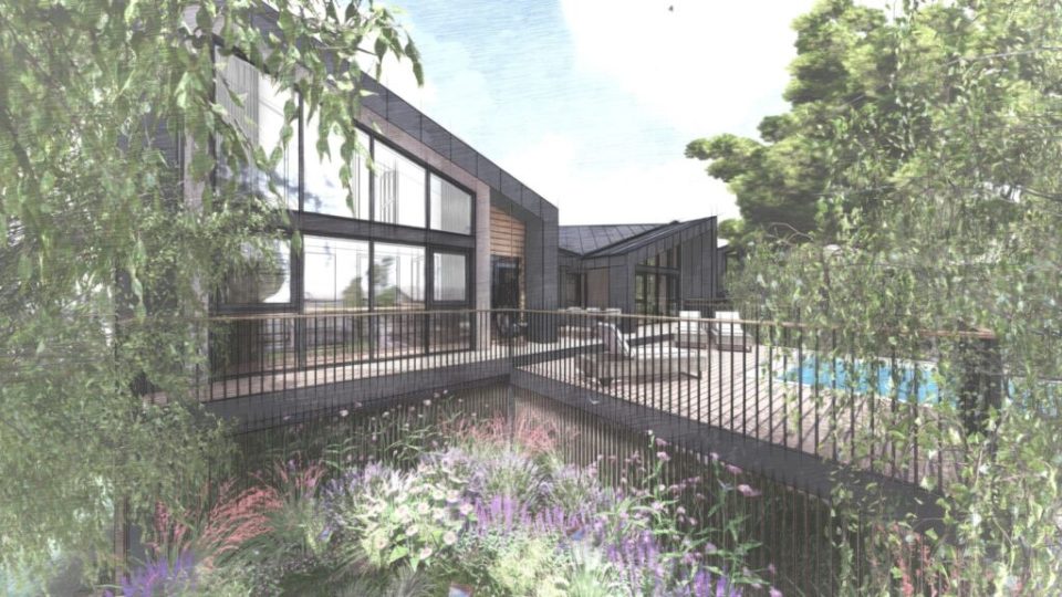 Illustration of a modern house with a pool and garden.