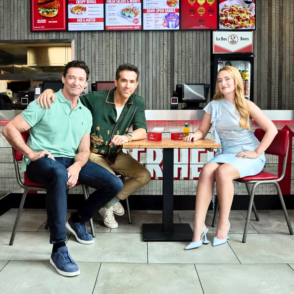 Hugh Jackman, Ryan Reynolds, and Amelia Dimoldenberg at a Chicken Shop.