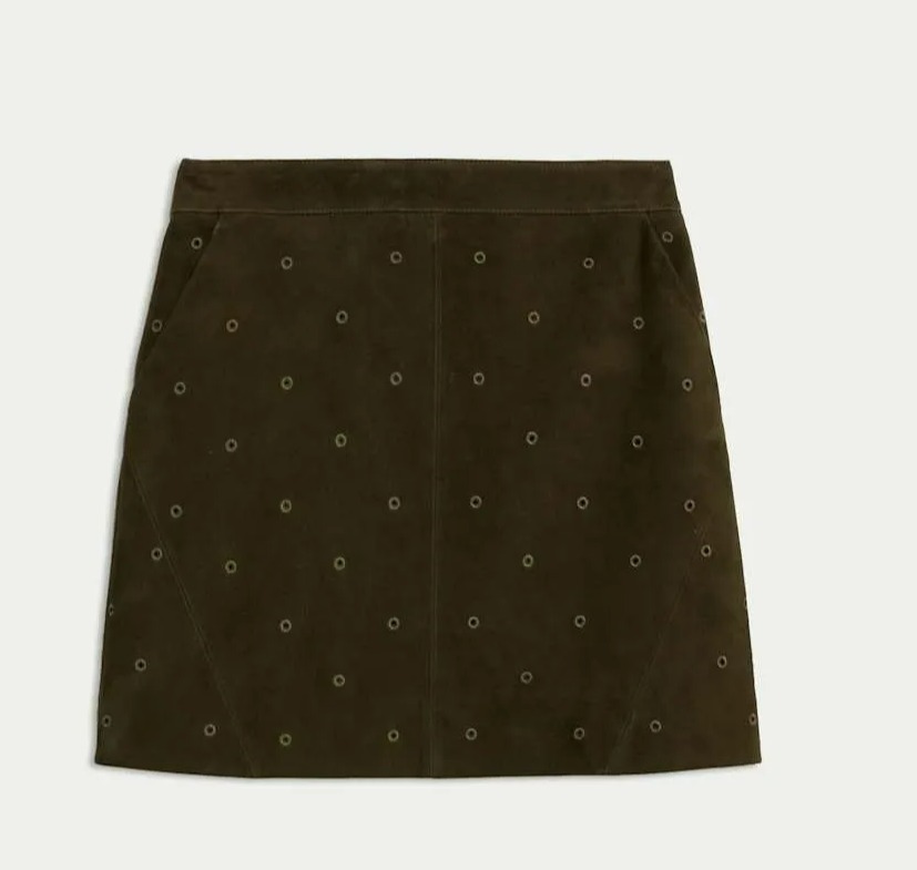 Olive suede mini skirt with eyelet details.