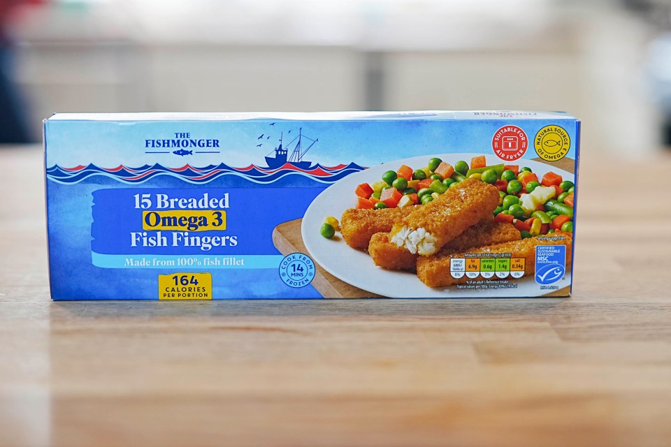 Box of breaded Omega-3 fish fingers.