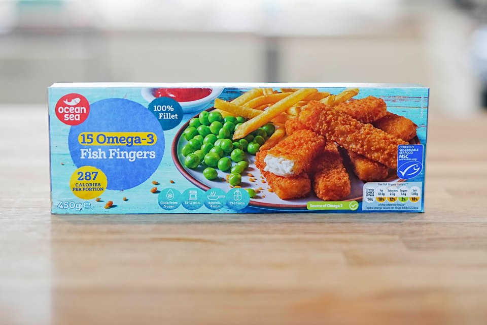 Box of Ocean Sea 15 Omega-3 fish fingers.