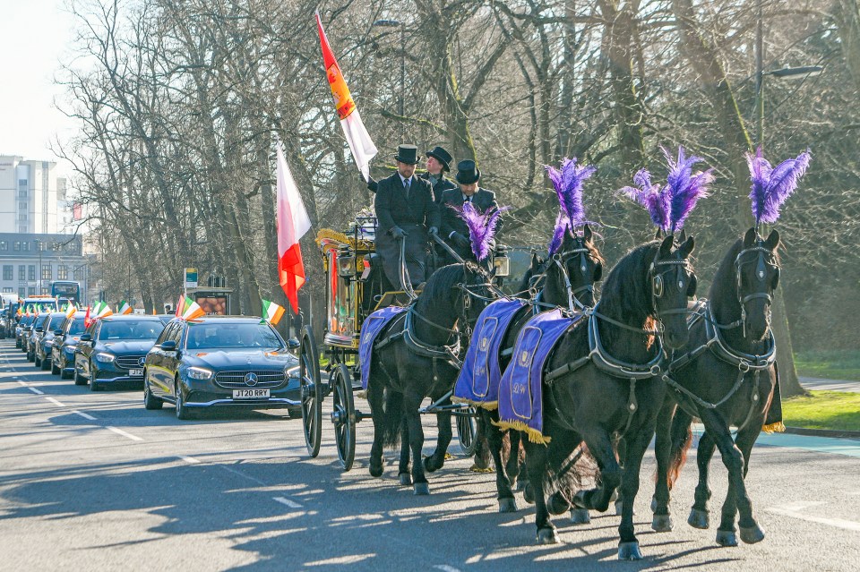 Funeral procession with a horse-drawn carriage carrying a glass coffin, followed by cars with Irish flags.