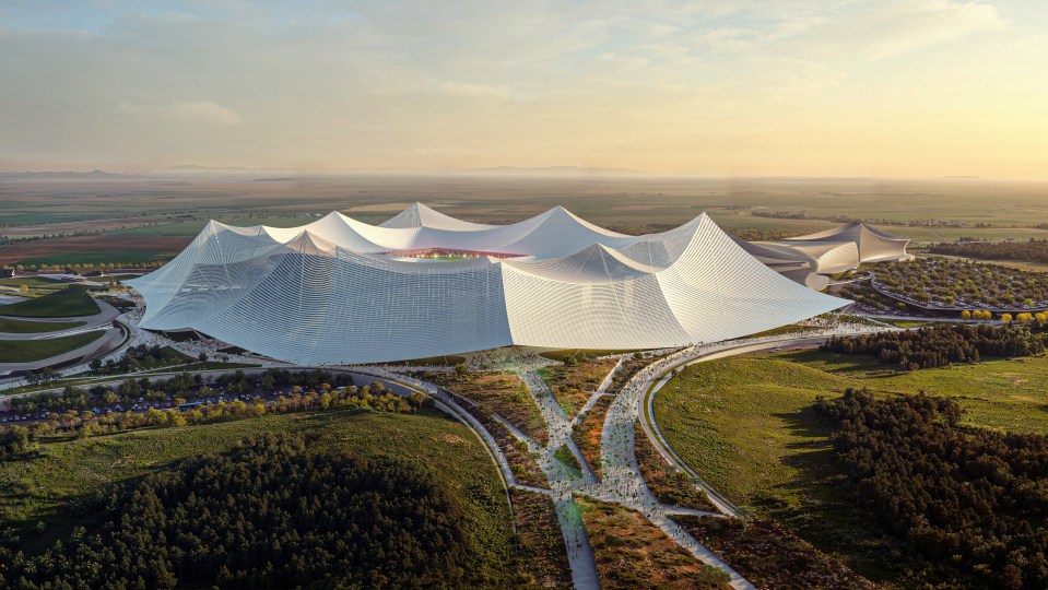 Aerial illustration of the 115,000-capacity Stade Hassan II in Casablanca, Morocco.